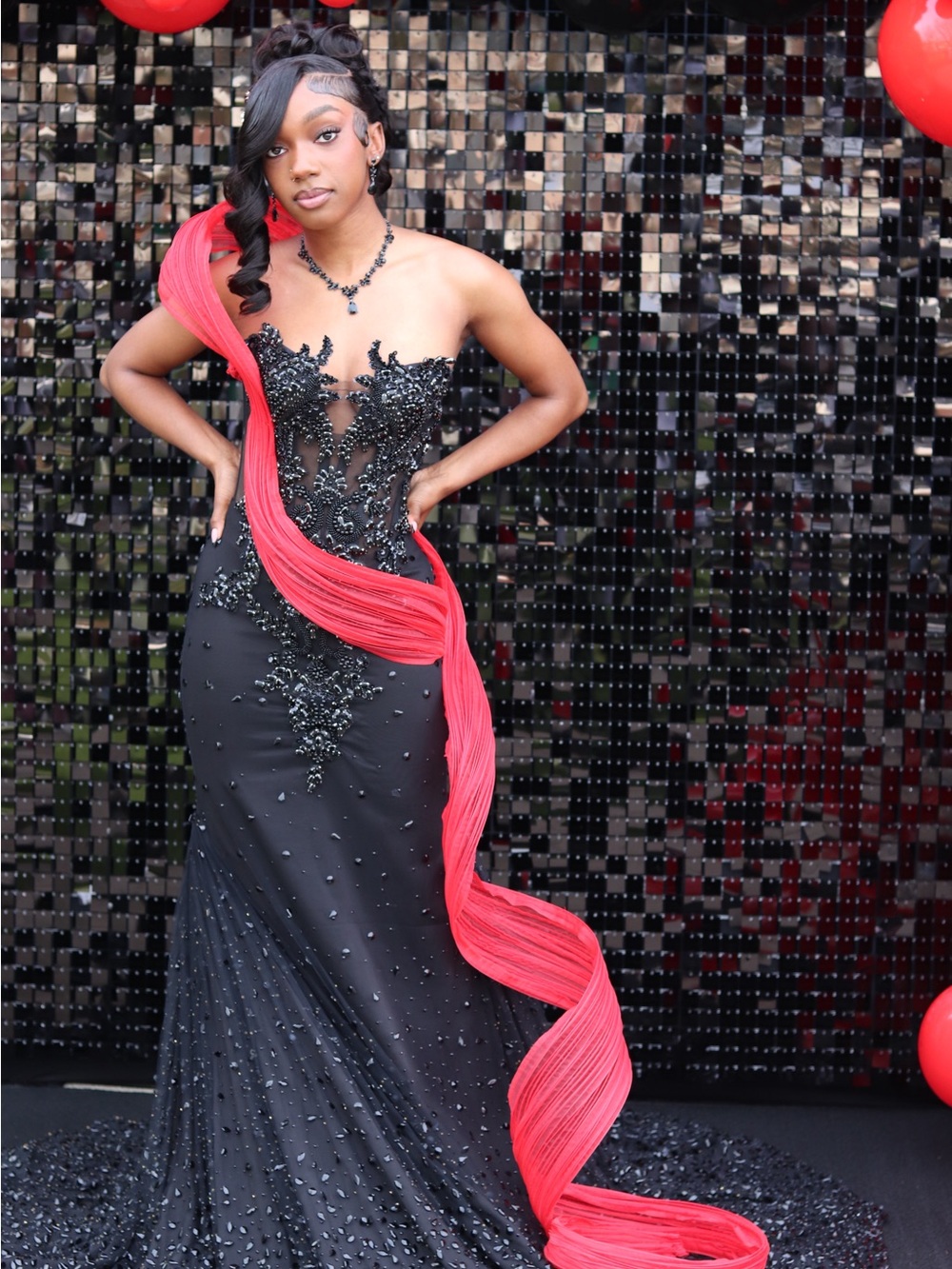 PROM DRESS ALERT Elegant Black Strapless Embellished Gown with Red Sash